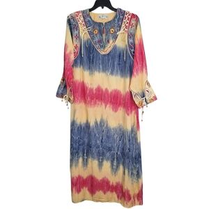 Vintage Al Warood Tie Die Boho Hippie Embroidered Kaftan Lounge Maxi Dress L